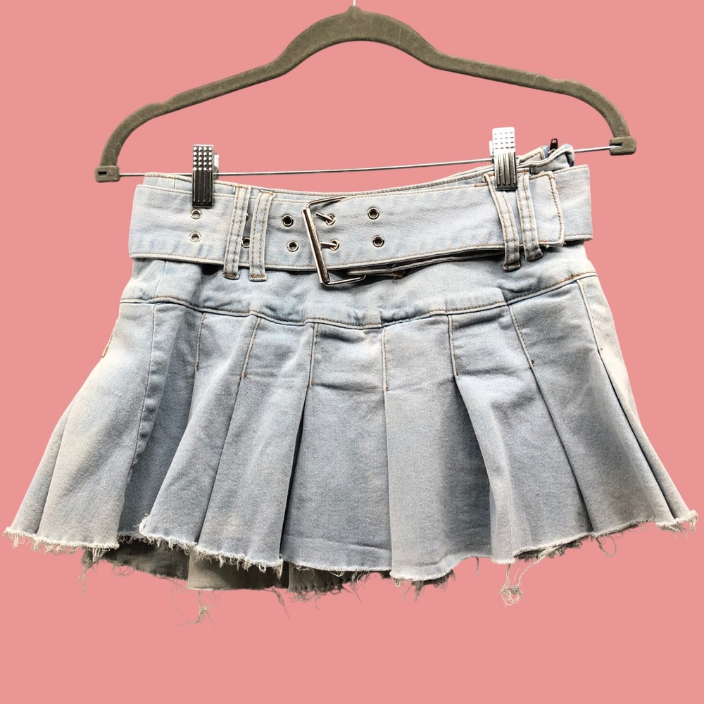 Generation K Belted Denim Micro Mini Skirt Pleated Low Rise Light Wash Small